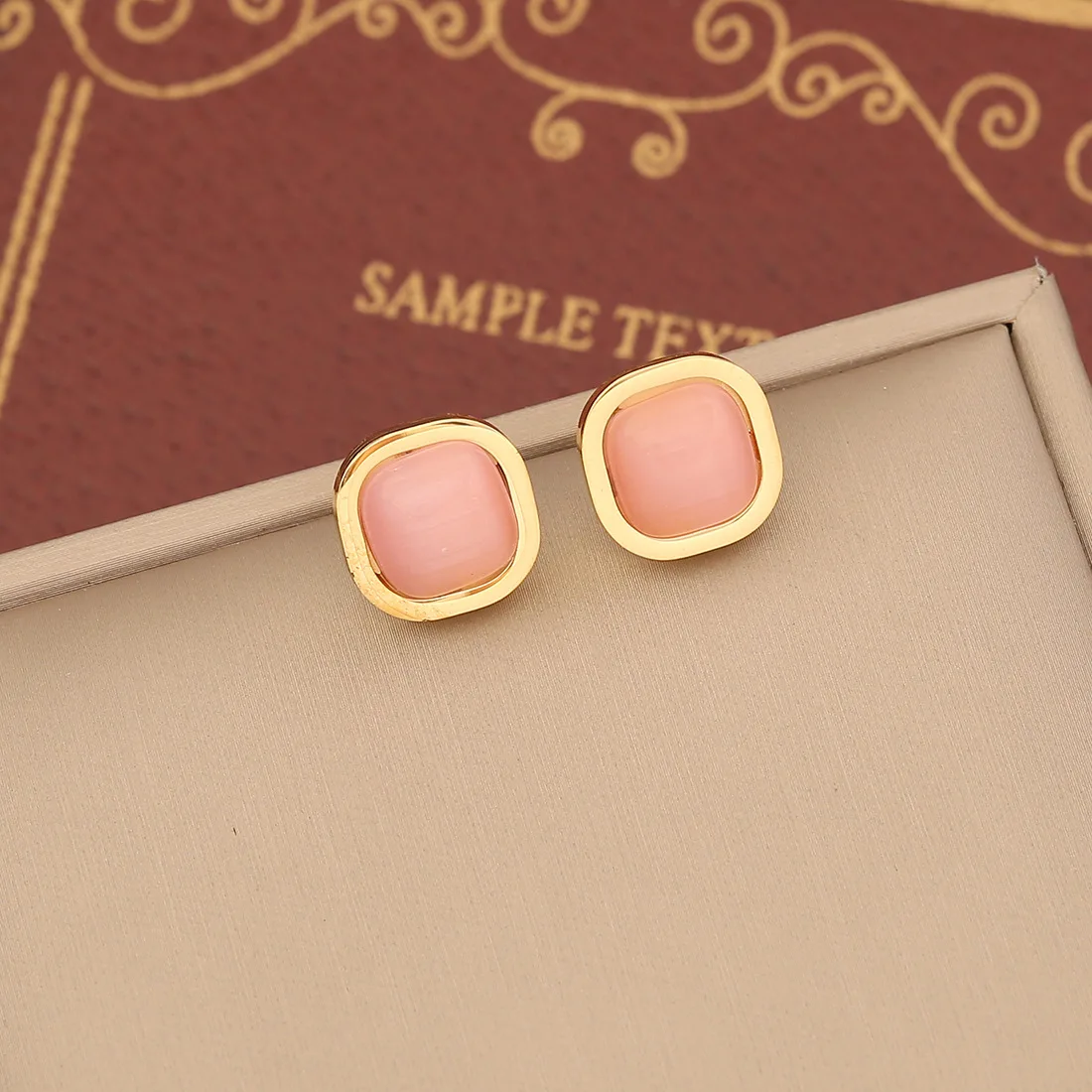 (brincos) Conjunto De Colar, Pulseira E Brincos Em Aço Inoxidável Com Opala Rosa Quadrada