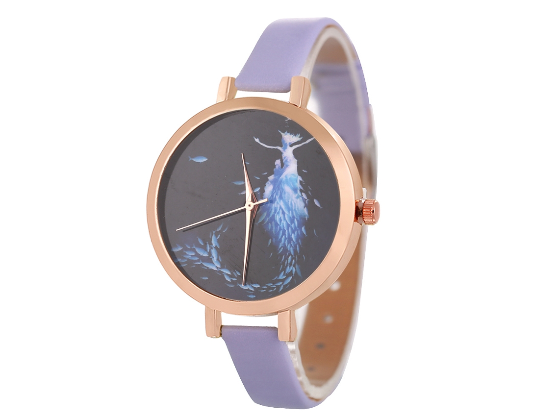Relógio de Pulso Feminino de Quartzo com Pulseira de Couro Pu Estilo Simples e Diâmetro Redondo Roxo