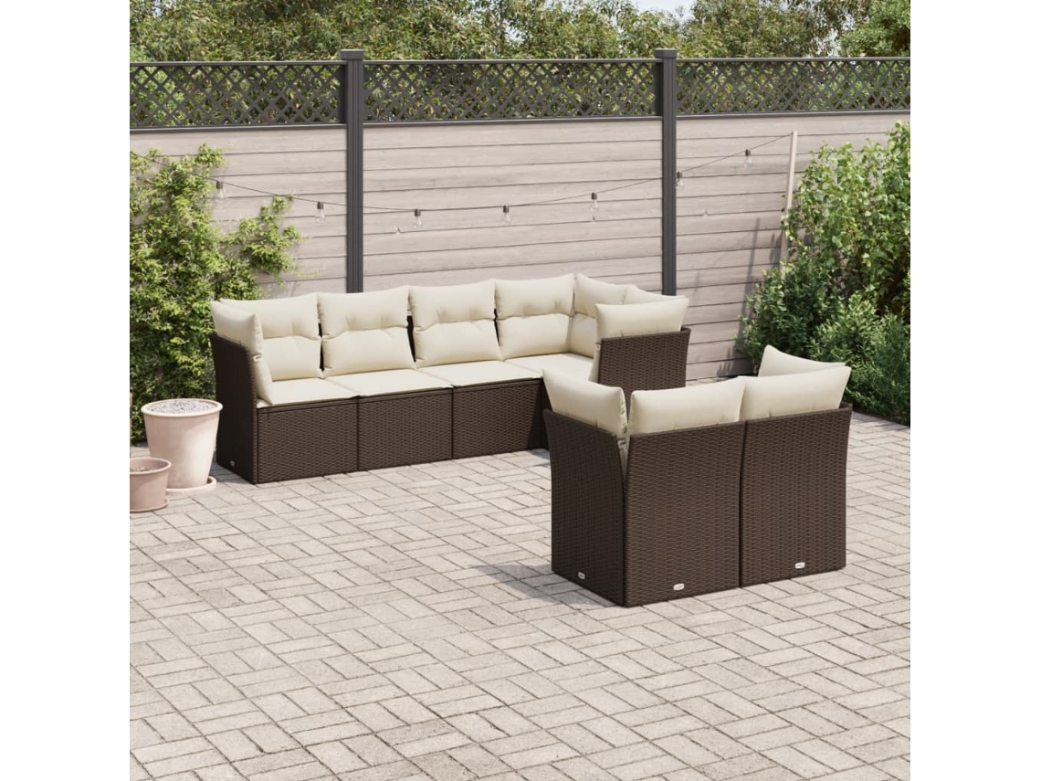 Vidaxl 7 Pcs Conjunto De Sofás Jardim C/ Almofadões Vime Pe Castanho