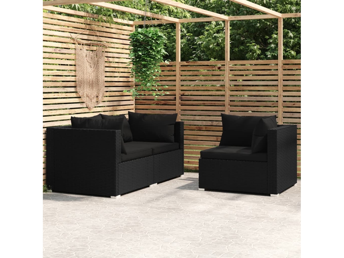 Vidaxl 3 Pcs Conjunto Lounge De Jardim C/ Almofadões Vime Pe Preto