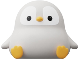 Abajur em formato de pinguim, base de silicone macia e flexível, ajustável para facilitar a amamentação.