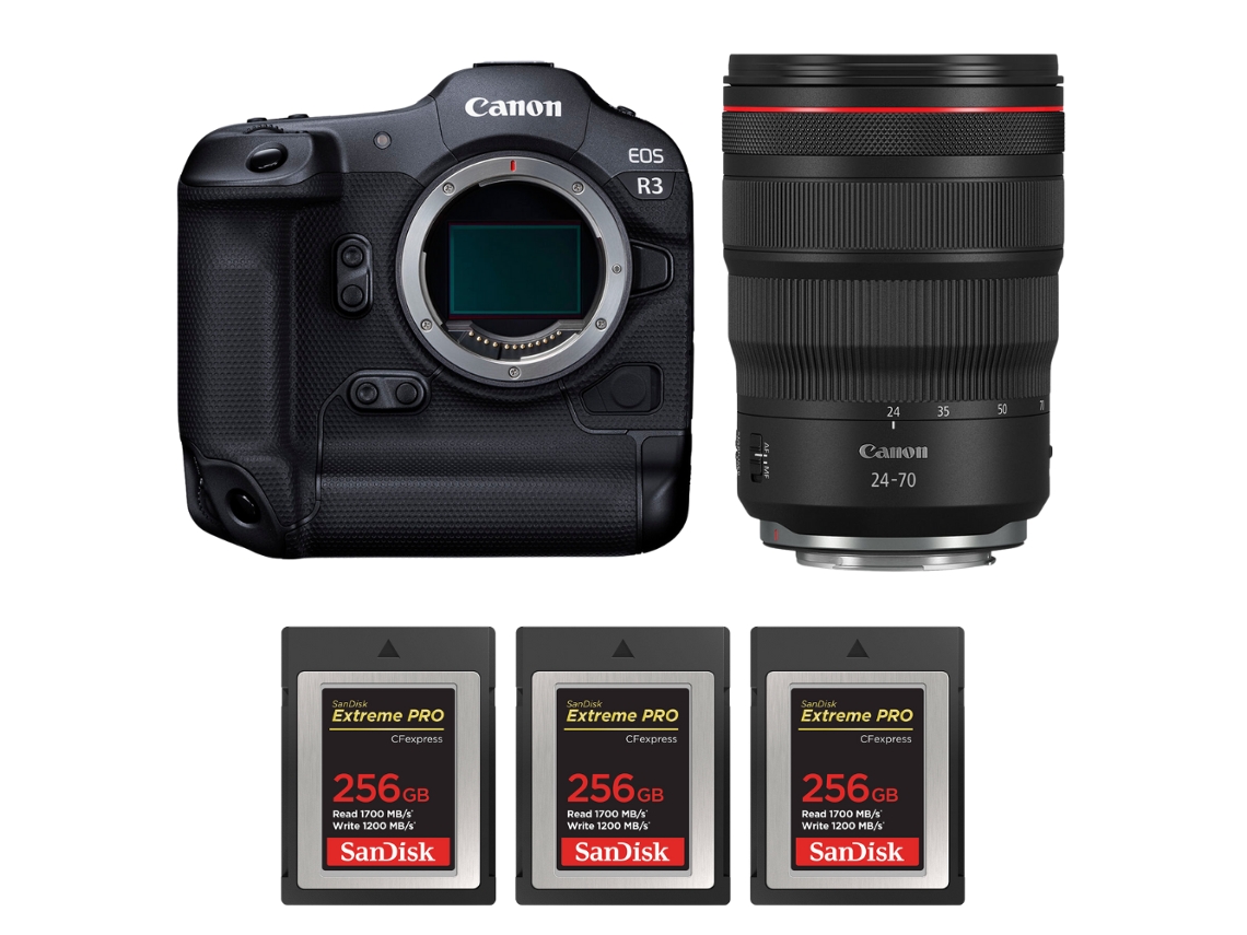 Eos R3 + Rf 24 70mm F/2.8 L Is Usm + 3 Sandisk 256gb Extreme Pro Cfexpress Type B + Ebook “20 Dicas para Fotos Que Impressionam” CANON