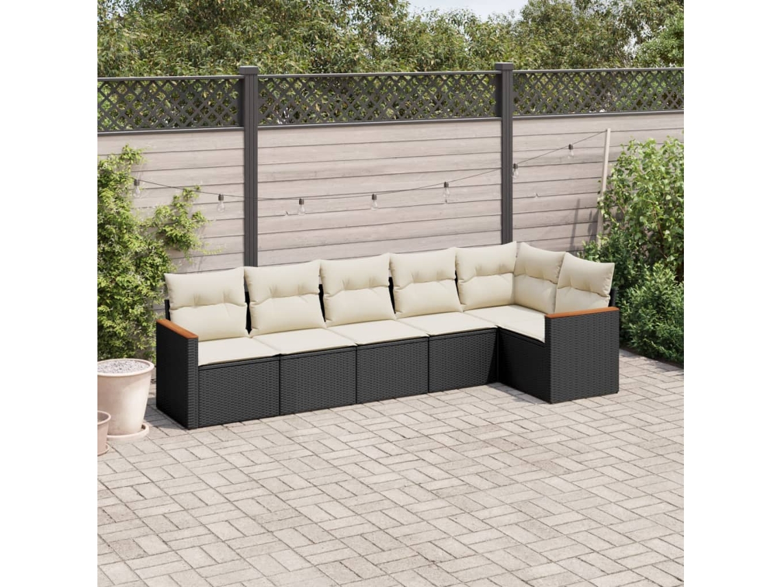6 Pcs Conjunto Sofás De Jardim C/ Almofadões Vime Pe Preto Dkd Home Decor