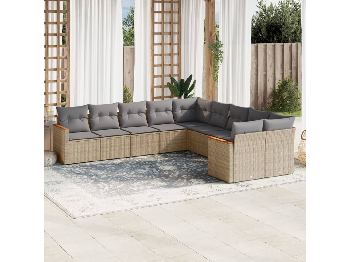 Vidaxl 10 Pcs Conj. Sofás Jardim C/ Almofadões Vime Pe Bege Misturado