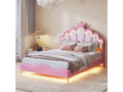 Cama Estofada 140x200, Cama De Criança Com Estrado De Ripas E Iluminação Led, Cama Plana Com Cabeceira Em Forma De Nuvem.