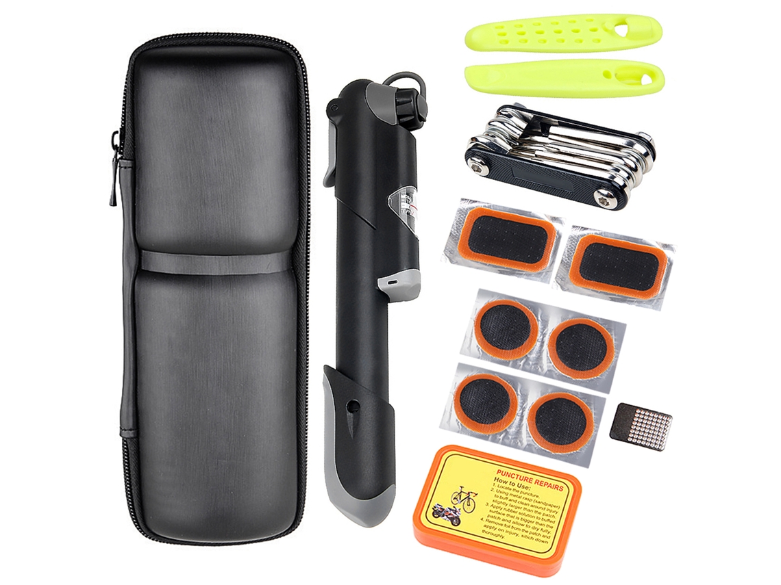 Kit De Reparo De Bicicleta Portátil Com Bomba Multifuncional, Ferramentas, Parches De Pneu E Bolsa