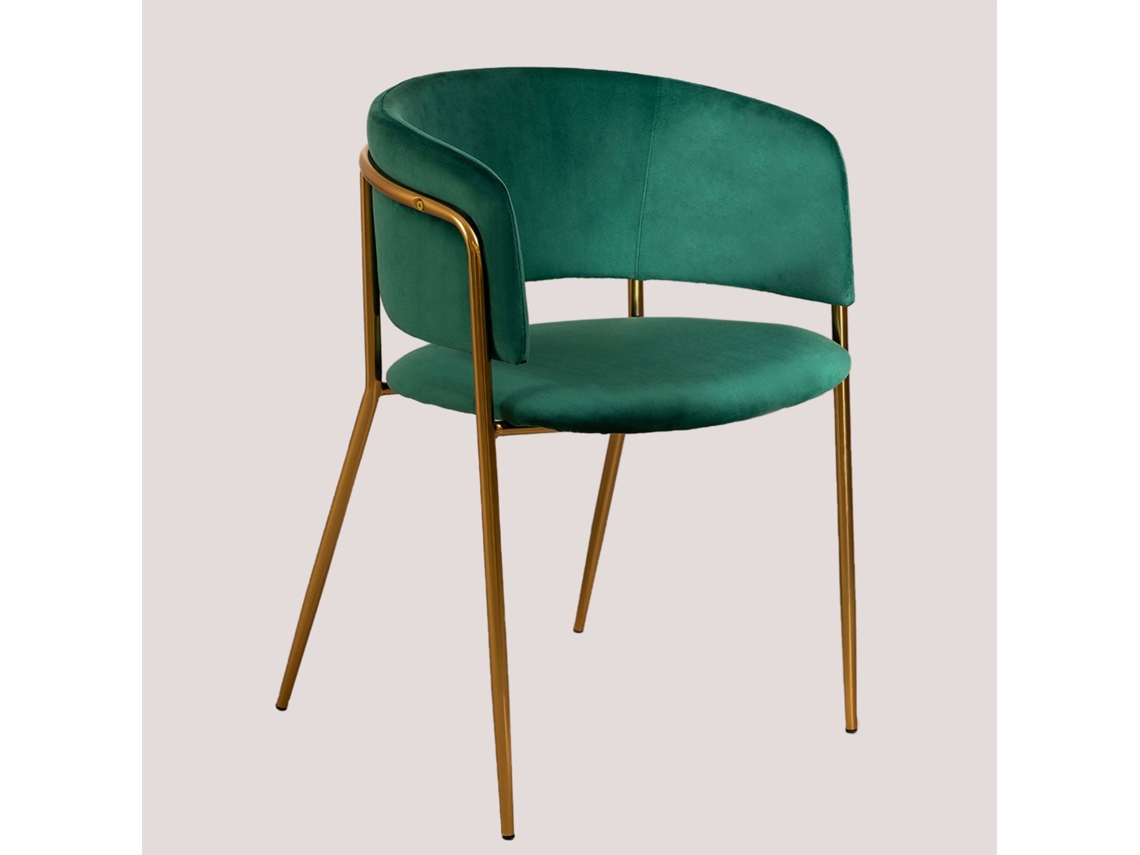 Sklum Cadeira De Jantar Estofada Com Braços Nalon Poliéster    Dourado                   Velluto Verde Selva                               Veludo