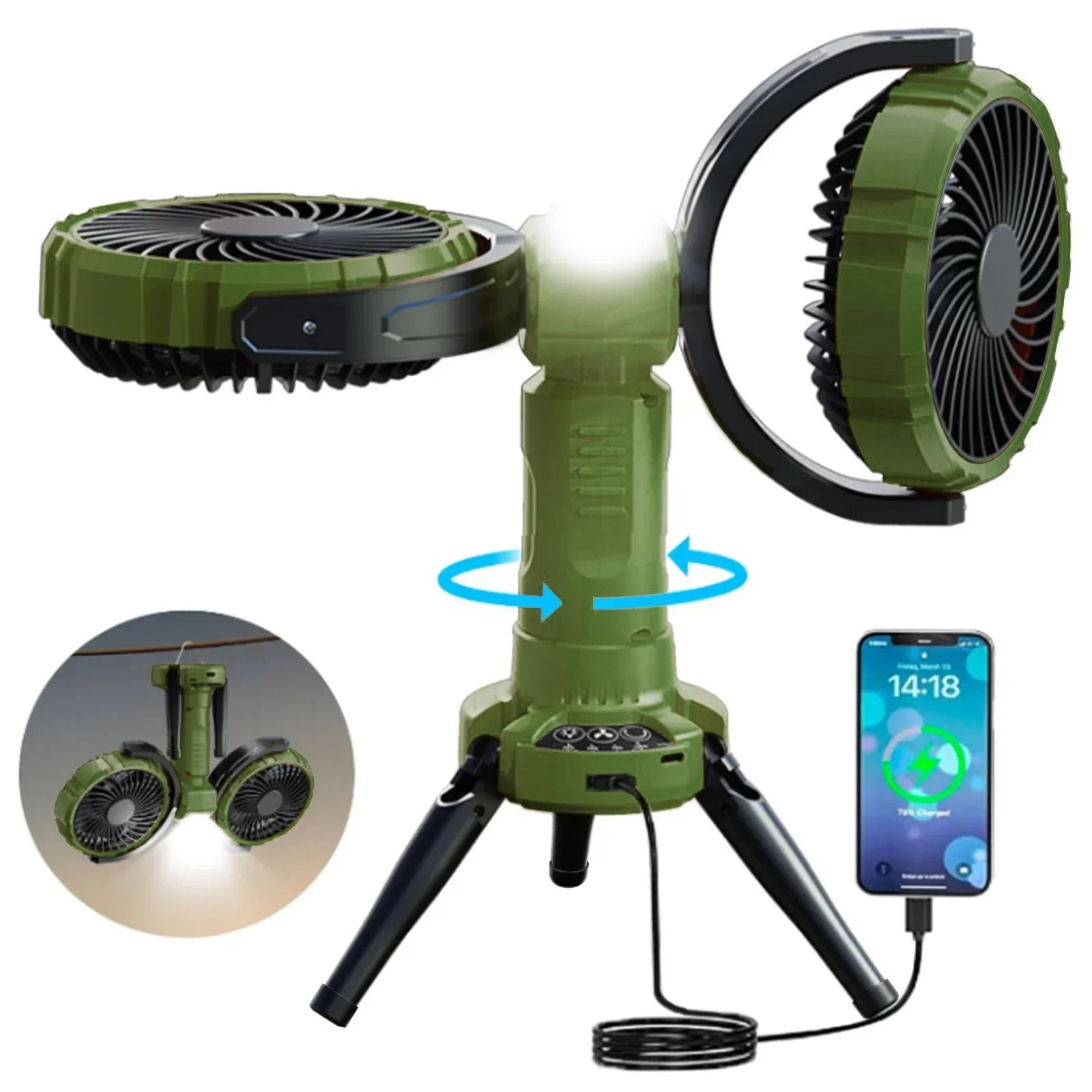 Ventilador de camping MDUG com 4 velocidades, luzes e múltiplos ângulos