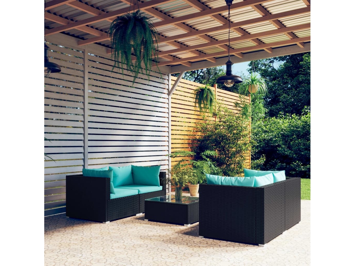 5 Pcs Conjunto Lounge De Jardim C/ Almofadões Vime Pe Preto Dkd Home Decor