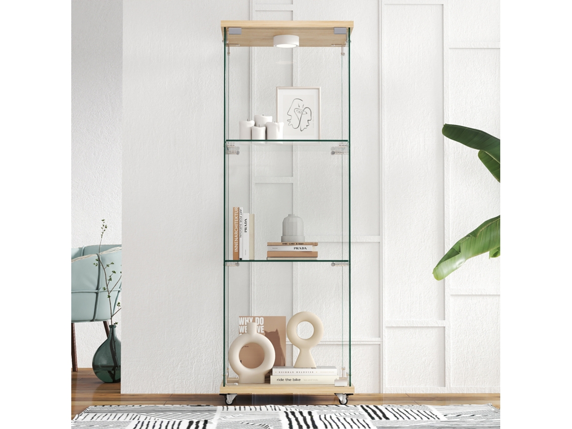 Vitrine Moderna De Vidro Com Iluminação Led, Em Vidro Temperado, Ideal Para Sala De Estar E Quarto, Com Design De Três Prateleiras E Uma Porta