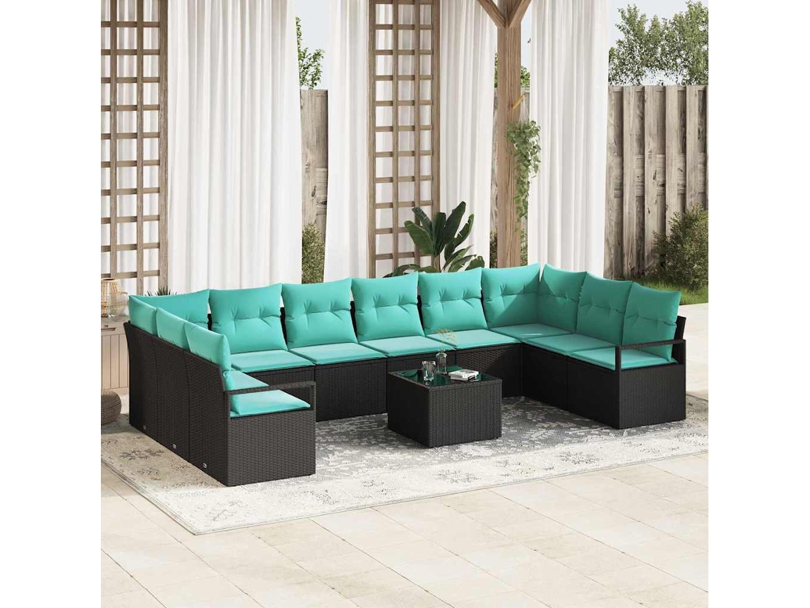 Vidaxl Conjunto De Sofás Com Almofada 11 Pcs Preto Vime Pe