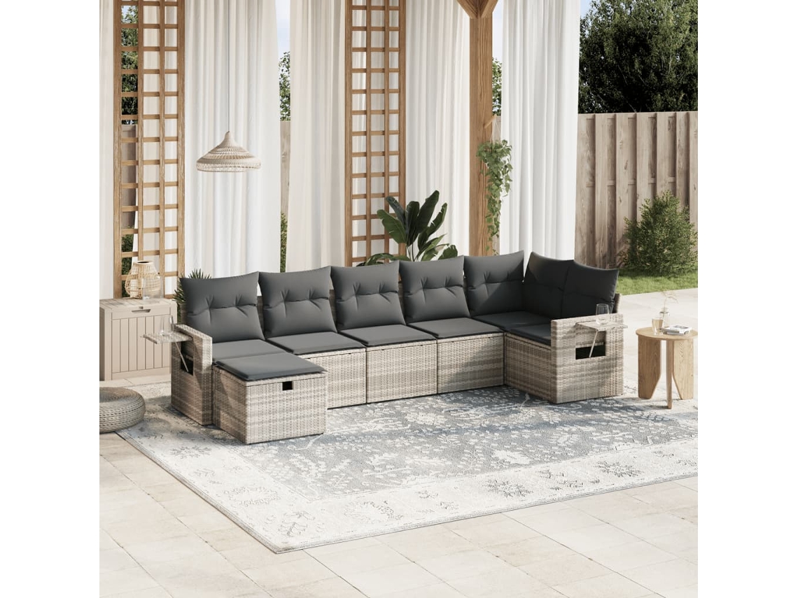 Vidaxl 7 Pcs Conj. Sofás Jardim com Almofadões Vime Pe Cinzento claro