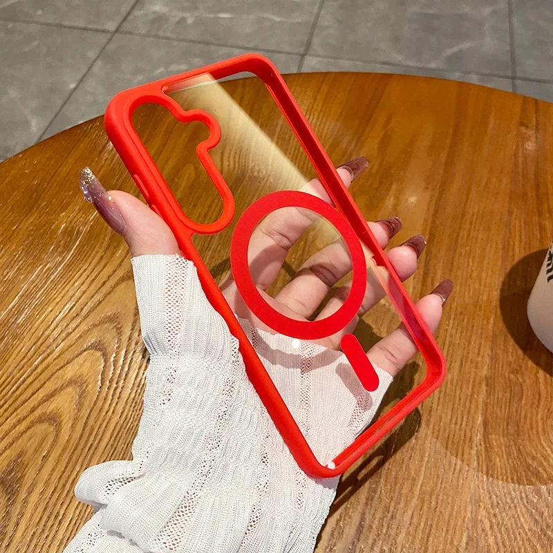 (vermelho S24 Fe) Capa Protetora Para Carregamento Sem Fio Magsafe Com Moldura Magnética Transparente À Prova De Choque