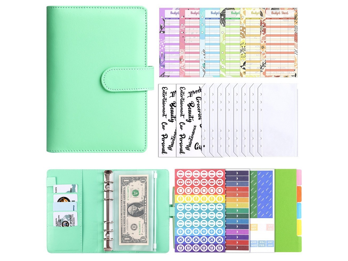 Pu Leather Creative Macaron A6 Ring Binder Cash Budget Ledger Algae Green, With 12-budget Cards, 8-bill Pockets, 2-clear