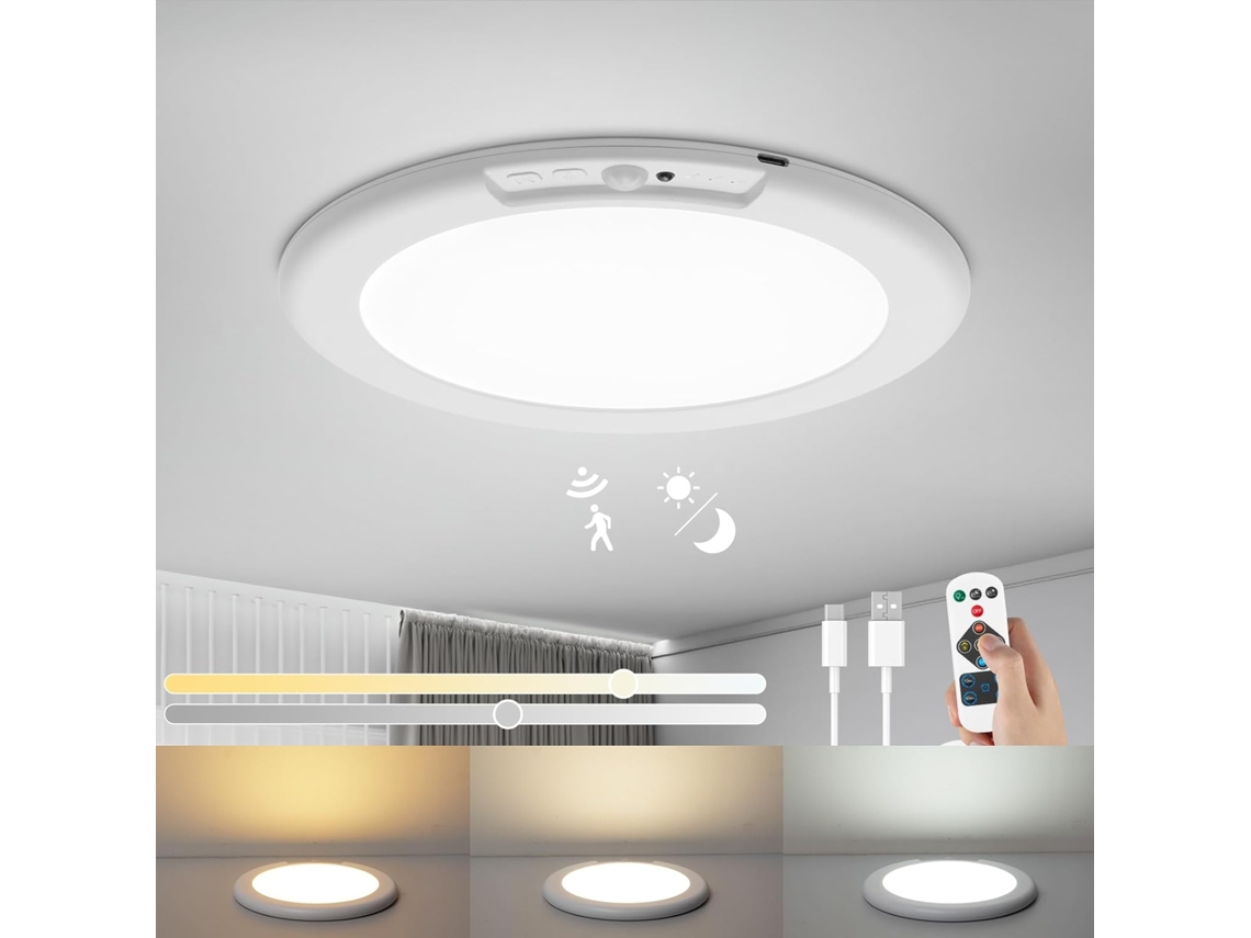 Candeeiro De Teto Led Com Sensor, 6000 Mah, 19 Cm, 3000-6500k