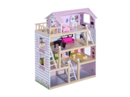 Casa de Bonecas para Crianças 3+ Anos em Madeira de Pinho e Mdf com 4 Andares e 13 Acessórios. Rosa. 60x30x80 Cm Ge