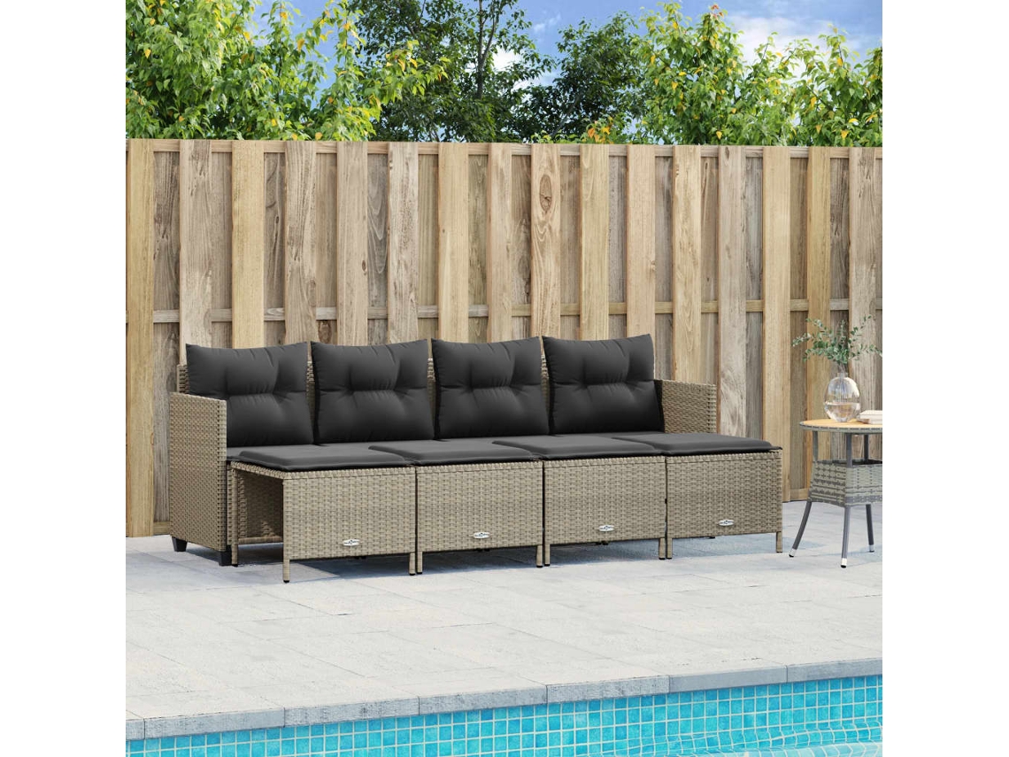 Vidaxl 5 Pcs Conj. Sofás Jardim C/ Almofadões Vime Pe Cinzento-claro