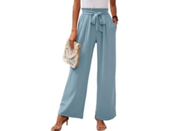 2026 pantalones de Descanso de Pierna Ancha para Mujer Con Bolsillos Ligeros de Cintura Alta Ajustable Con Lazos L Azul