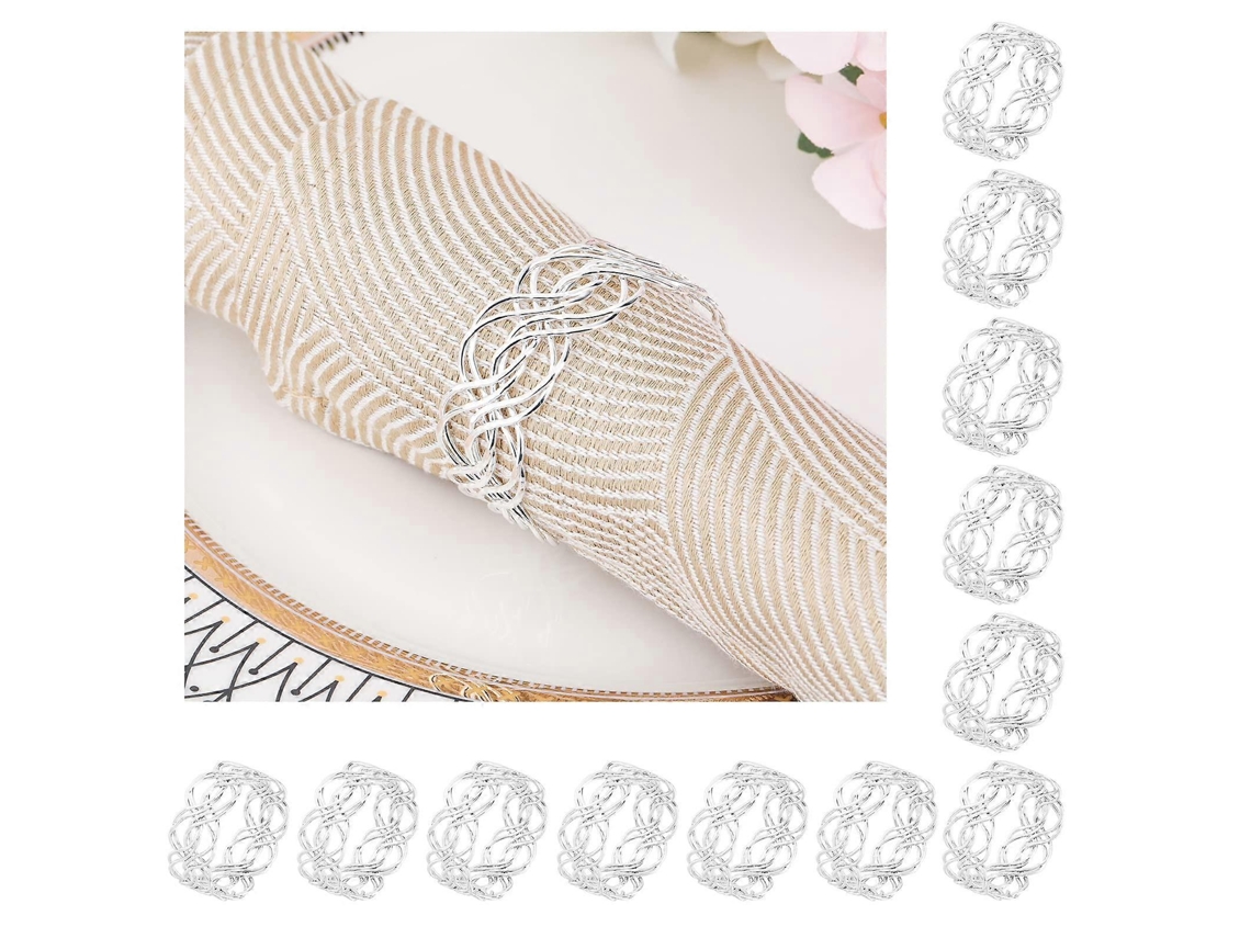 Omni 12 Anéis de Guardanapos Metálicos Entrelazados, Design Elegante em Prata para Mesa, Festa e Presente