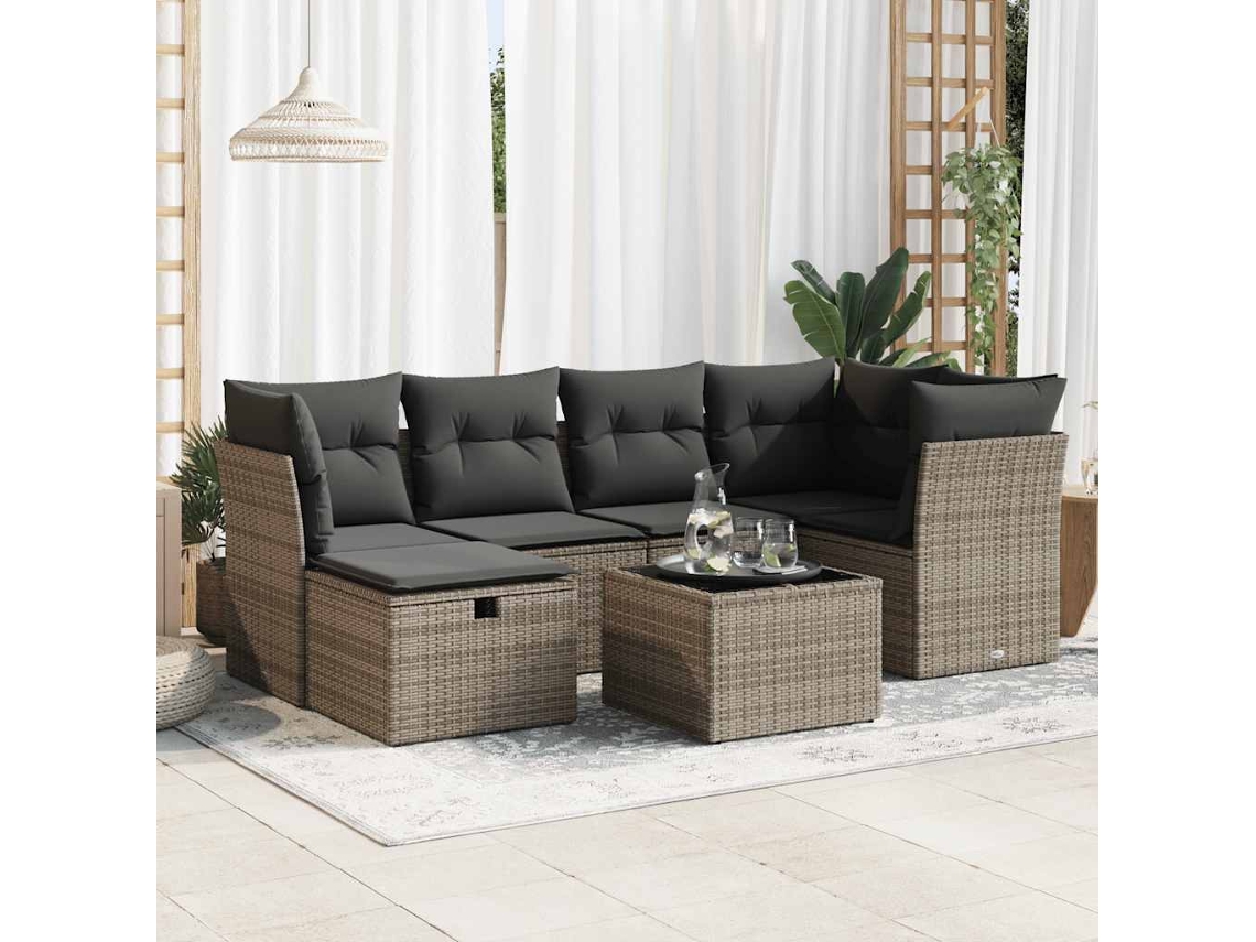 Vidaxl 7 Pcs Conjunto Sofás P/ Jardim C/ Almofadões Vime Pe Cinzento