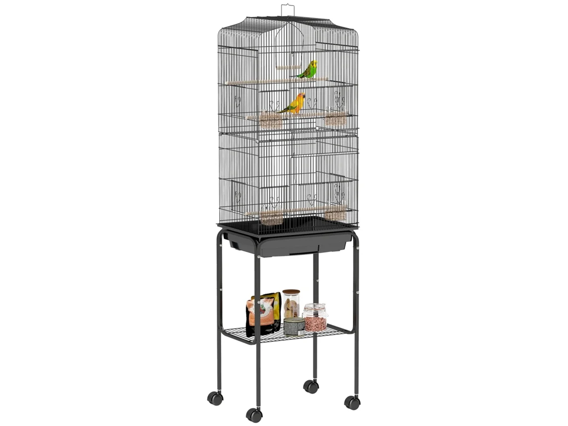 Gaiola para pássaros com suporte, rodas, 4 comedouros, bandeja, para canários 46,5x36x157cm Preto | S/MARCA