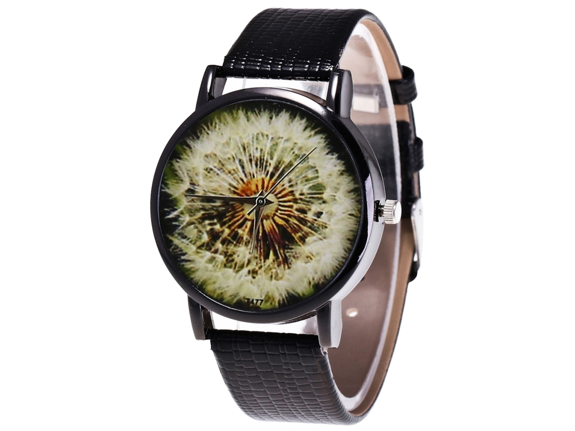 Reloj De Cuarzo Unisex Con Correa De Cuero Pu Zhoulianfa Dial Diente De León Negro