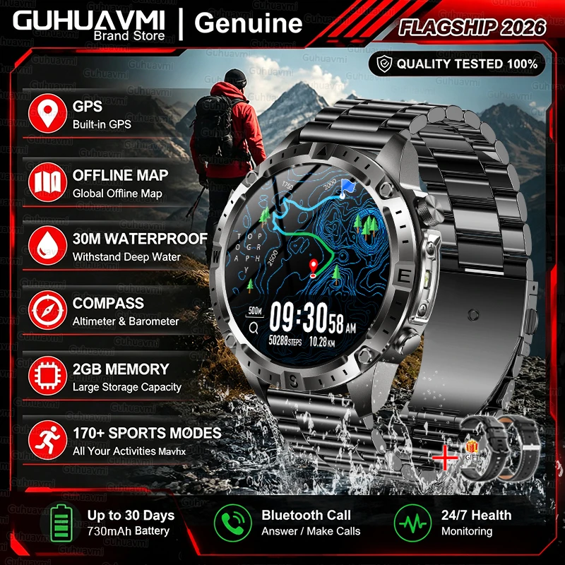 (pulseira De Aço Preta) Relógio Inteligente Com Gps, Mapa Offline, Bússola, Lanterna E Chamadas Em Hd.