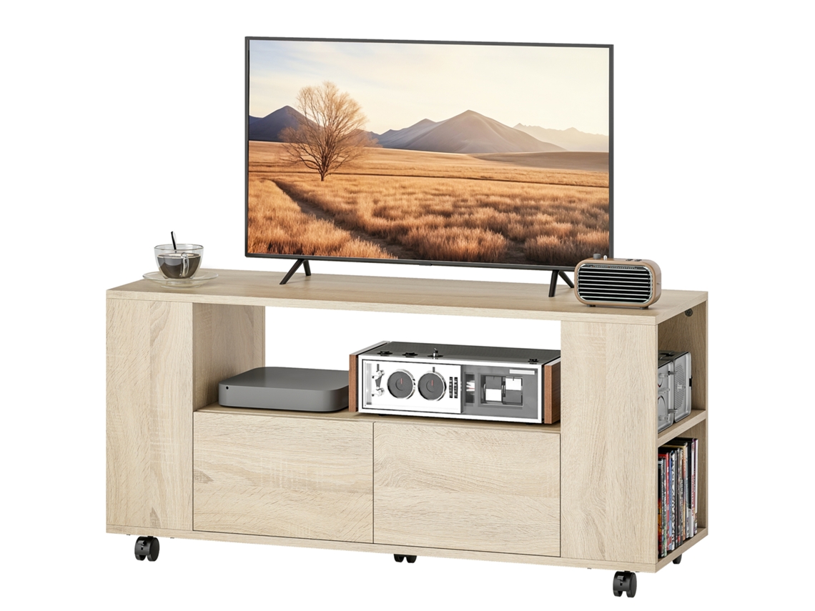 Móvel de TV com rodas, 102x34,5x48,5 cm, com 2 gavetas e prateleiras ajustáveis, até 42 polegadas S/MARCA