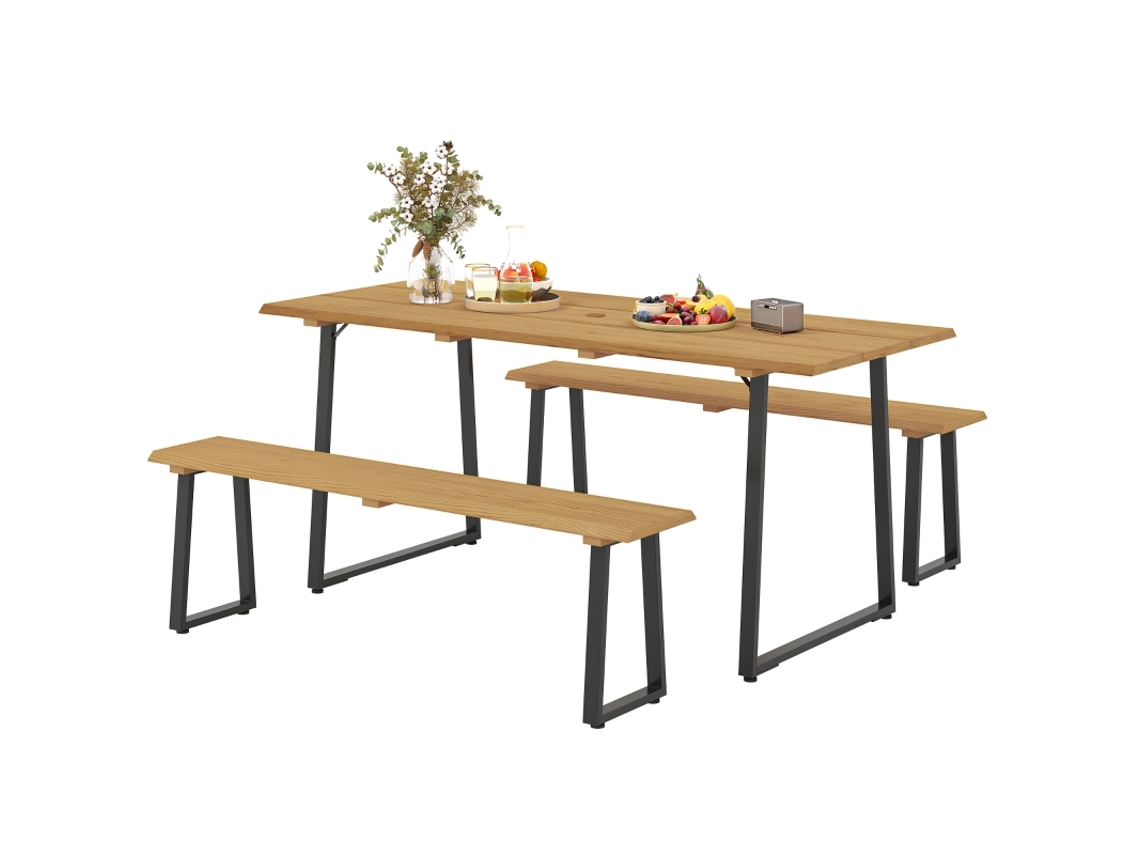 Conjunto Jantar Madeira 3 Peças Mesa 2 Bancos Guarda-sol 178x76x77cm