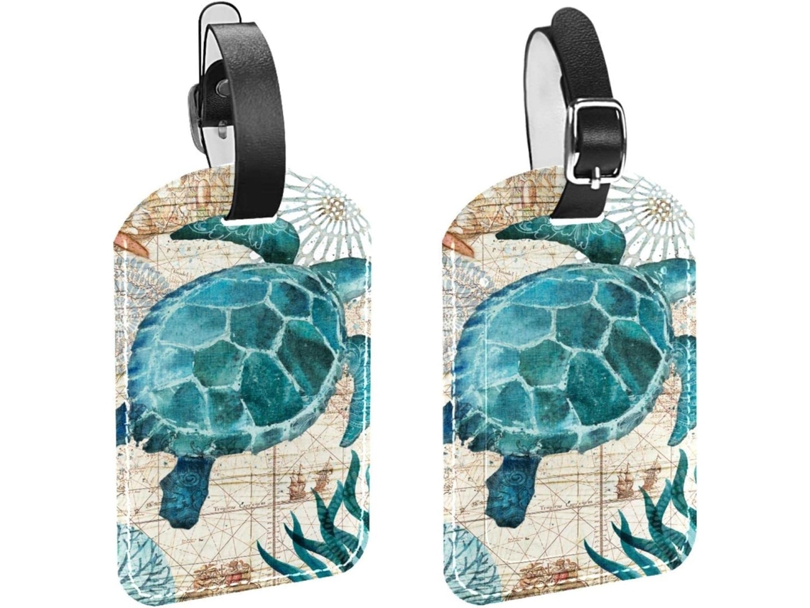 Conjunto De 2 Etiquetas Bagagem Em Imitação Couro Com Estampa Tartaruga Marinha