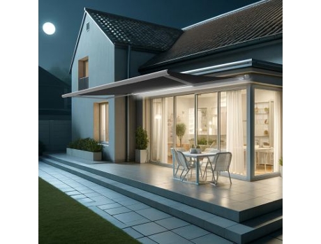 Toldo Coffre Hevoa Branco 6,00x3,50 Motorizado com socorro telecomando e LED - Tela Cinza Escura