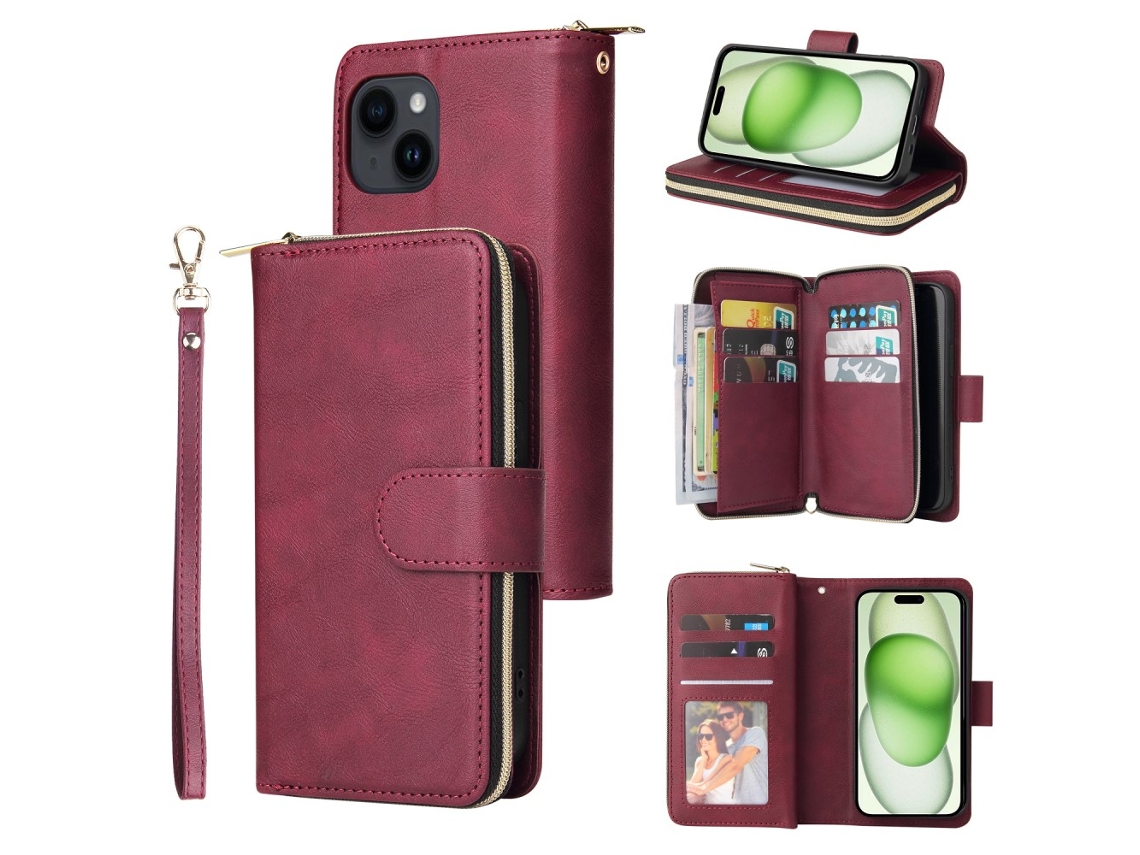 Capa Para Iphone 15 Plus Pele Sintética Com Porta-cartões Vermelho