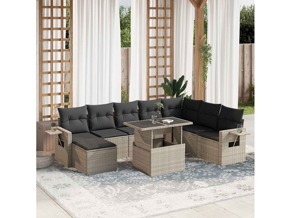 Vidaxl 9 Pcs Conj. Sofás Jardim com Almofadões Vime Pe Cinzento claro