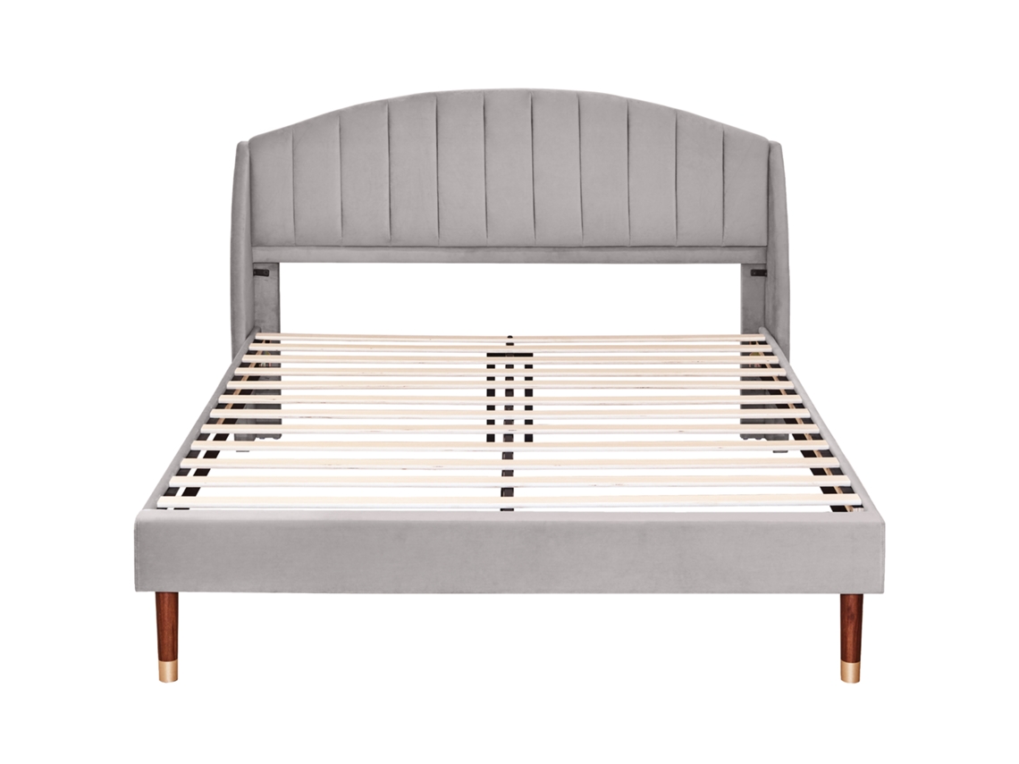 Cama Estofada 160x200cm Em Veludo Com Estrado De Ripas - Cinzento