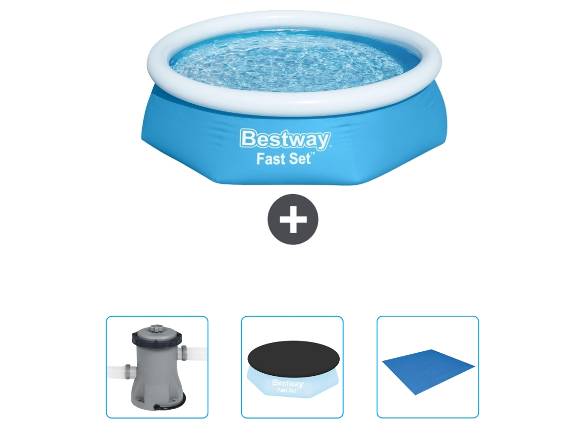 Piscina Inflável Redonda BESTWAY Fast Set 244 X 61 Cm Azul Incluída Bombear Cobrir Folha de Base