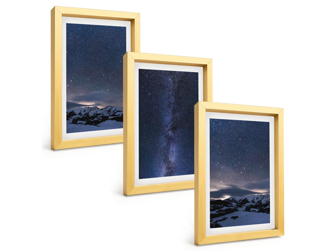 Galeria De Pinturas Muraiscéu Noturno, Montanhas, Estrelas Moldura Dourada Fotos Para O Escritório Espelharte (3 Peças 20x30 Cm)