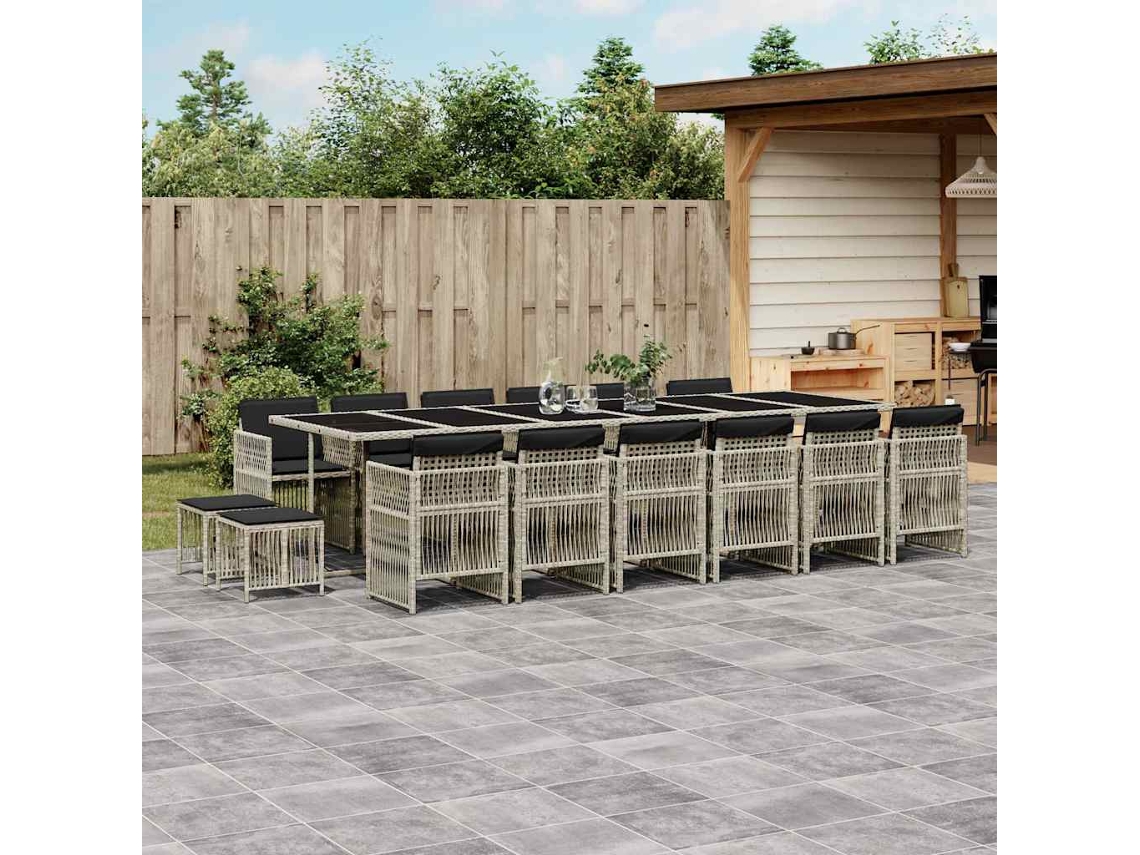 Vidaxl 17 Pcs Conj. Jantar Jardim C/ Almofadões Vime Pe Cinzento-claro
