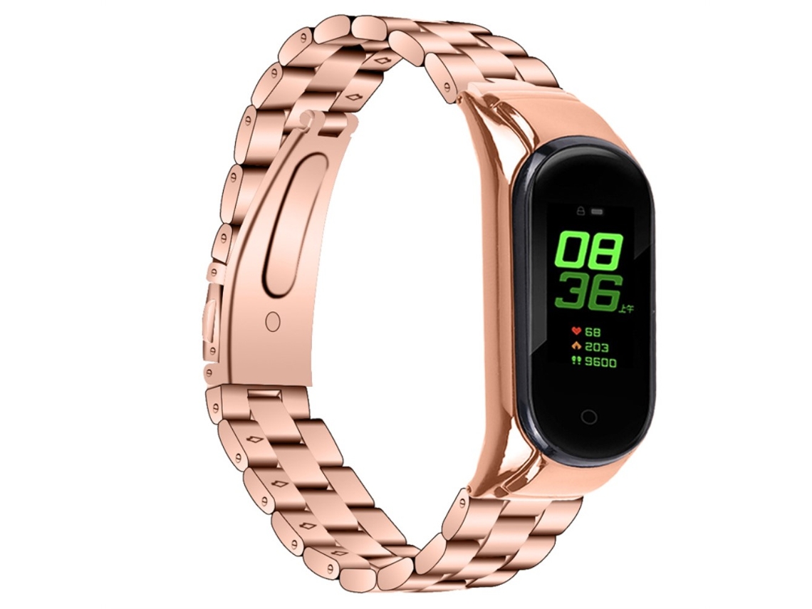Bracelete de Aço Inoxidável Três Contas com Fivela Dobrável para Xiaomi Mi Band 7 Ouro Rosa