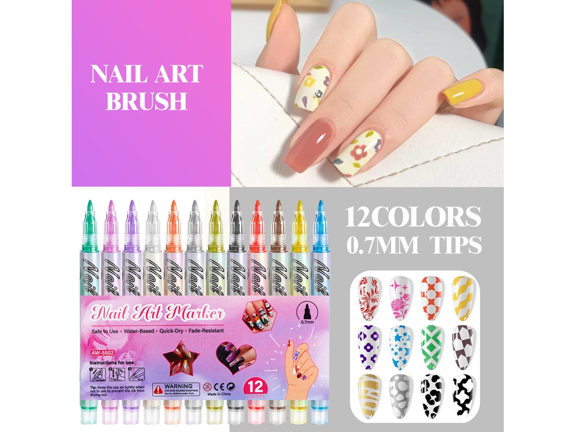 Conjunto de 12 latas de tinta acrílica para nail art (0,7 mm) – Para detalhes à mão livre e traços finos.
