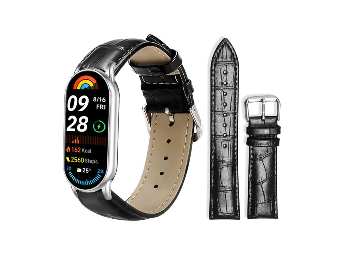 Bracelete para Xiaomi Smart Band 10/9/8/nfc em couro com fivela de pino e textura de bambu preta XIAOMOYU (14mm)