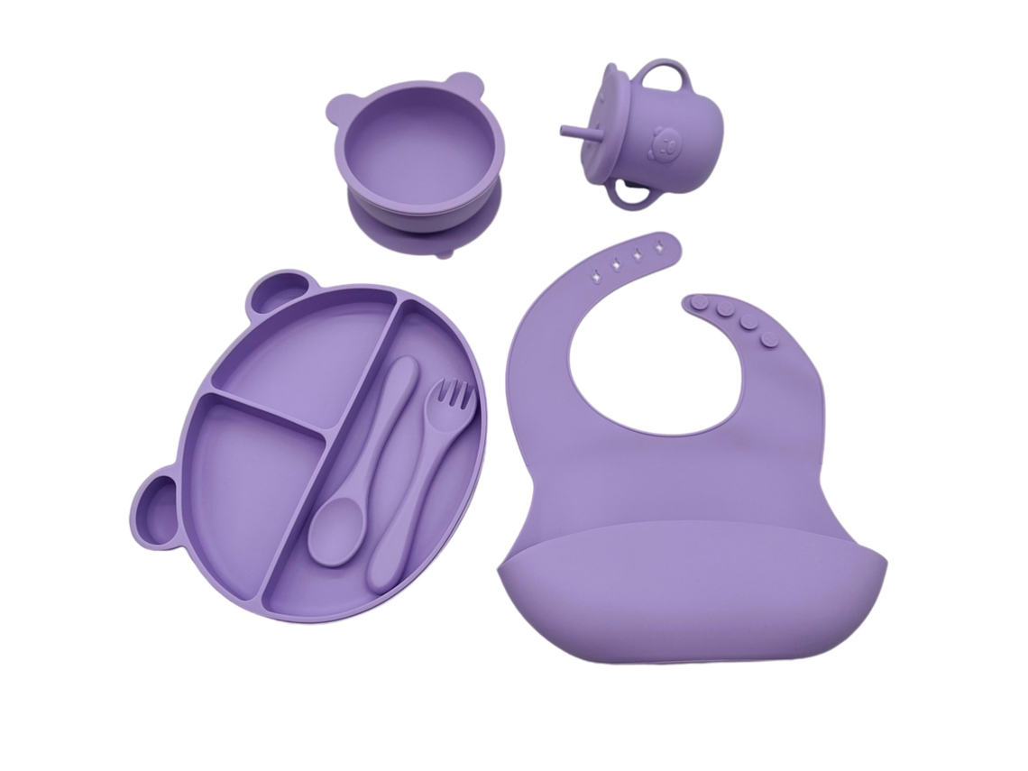Conjunto 6 Peças Louça De Bebé Silicone Lilás: Prato, Tigela, Copo, Babete, Talheres, Antiaderente, Bpa-free Para Blw