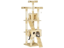 Arranhador para Gatos Grande 49x49x173 Cm com Múltiplos Níveis Cavernas e Brinquedos Suspensos Bege Ge