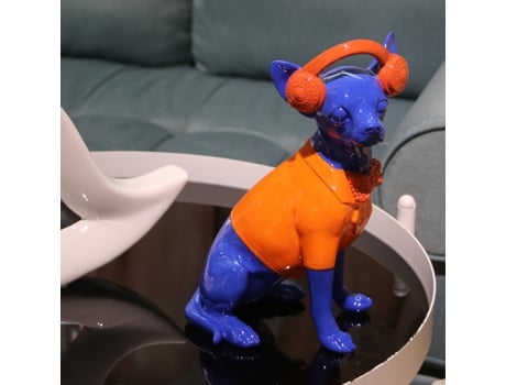 Figura de Cão com Auriculares em Resina Azul/Laranja