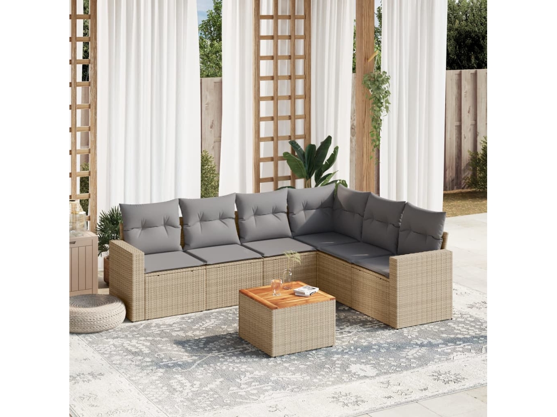 7 Pcs Conj. Sofás Jardim C/ Almofadões Vime Pe Bege Misturado Dkd Home Decor