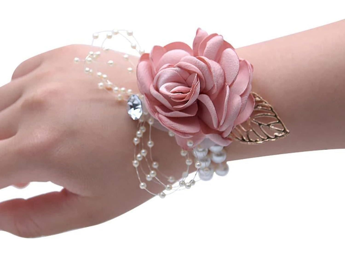 Pulseira De Corsage Com Rosas, Para Casamento, Decorada Com Strass E Flores De Pérolas (rosa).