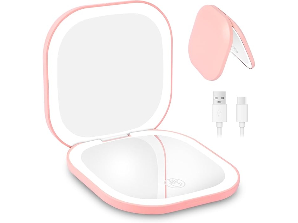 Espelho de Bolso Led Dobrável, Ampliação 1x/3x, Brilho Ajustável, Dois Lados Rosa ZYBLSSBB