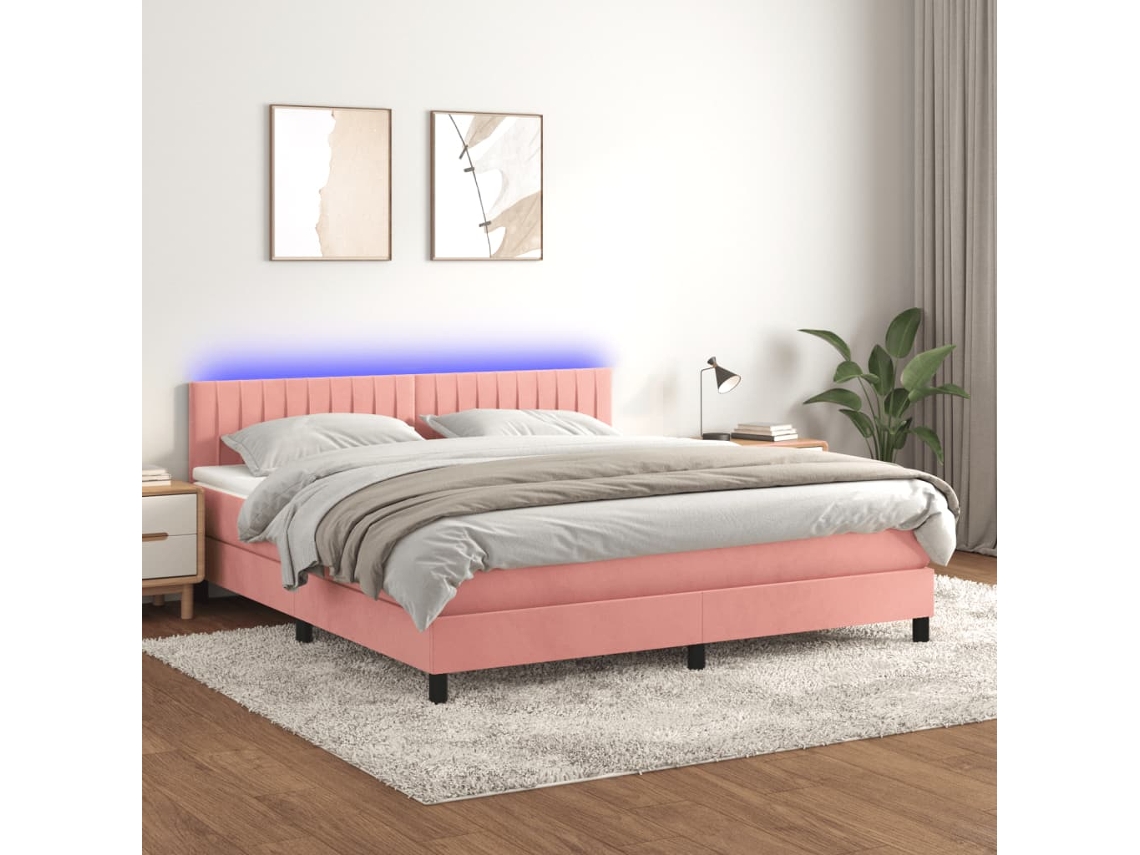 Vidaxl Cama Box Spring C/ Colchão/led 160x200 Cm Veludo Rosa