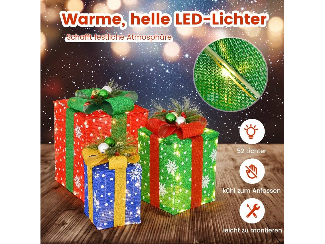 Conjunto de Caixas de Presente de Natal Led 3 Peças Tecido Brilhante Metal 52 Leds Branco Quente Empilháveis Interior Exterior NORTHIX