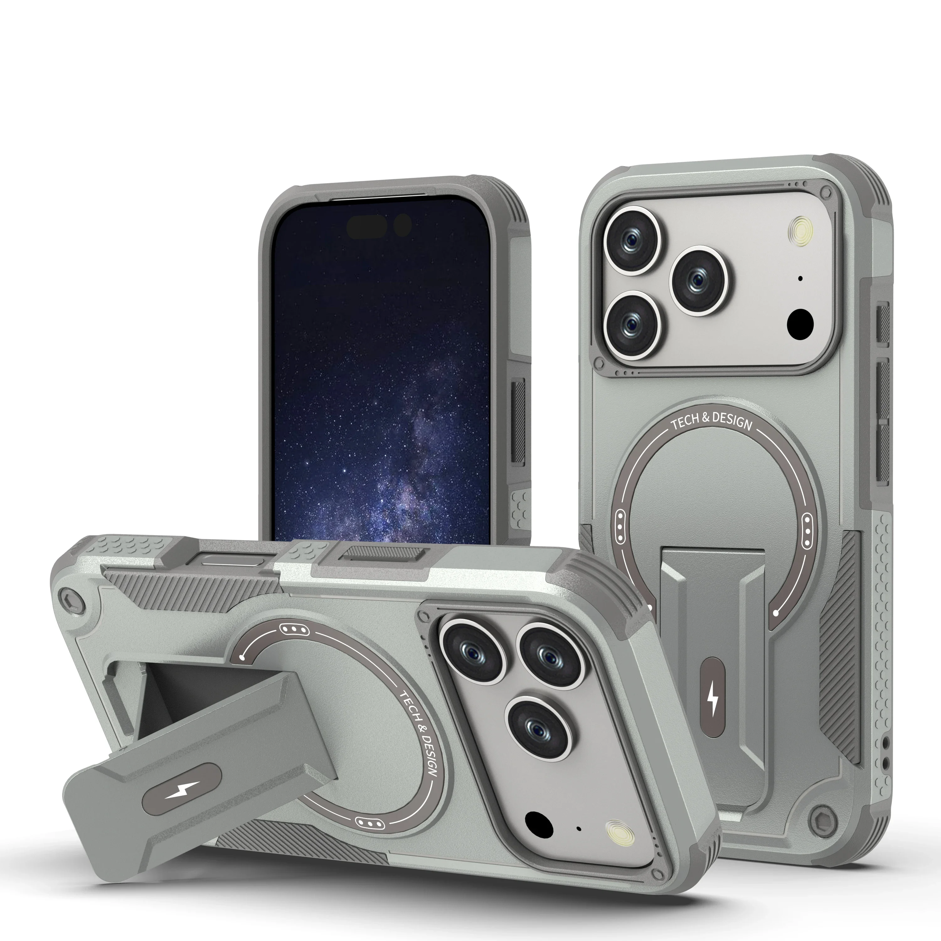 (cinza, Iphone 16 Plus) Capa De Carregamento Magnético Resistente Com Suporte Dobrável E Discreto.