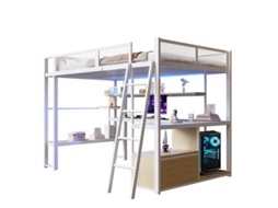 Cama Alta Para Jogos Em Metal (140 X 200 Cm) Com Espaço De Trabalho Integrado, Iluminação Led E Amplo Espaço De Armazenamento, Branca.